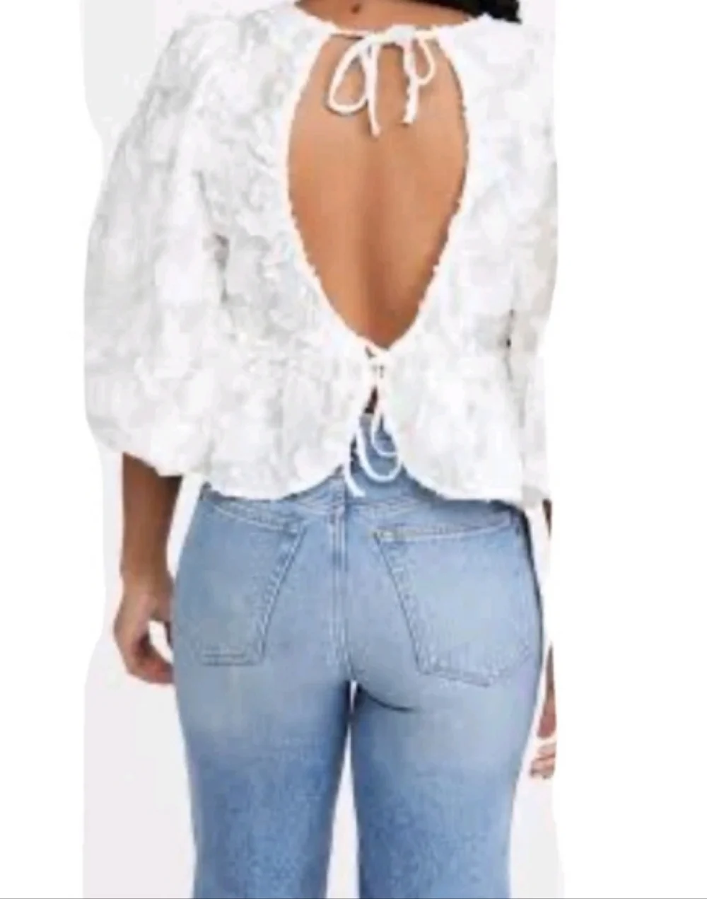 Free People Callie White Puff Sleeve Appliqué Blouse With Open Back. Sz Large